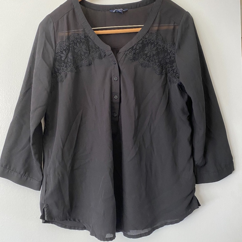 American Eagle Black Blouse with Lace Cutouts